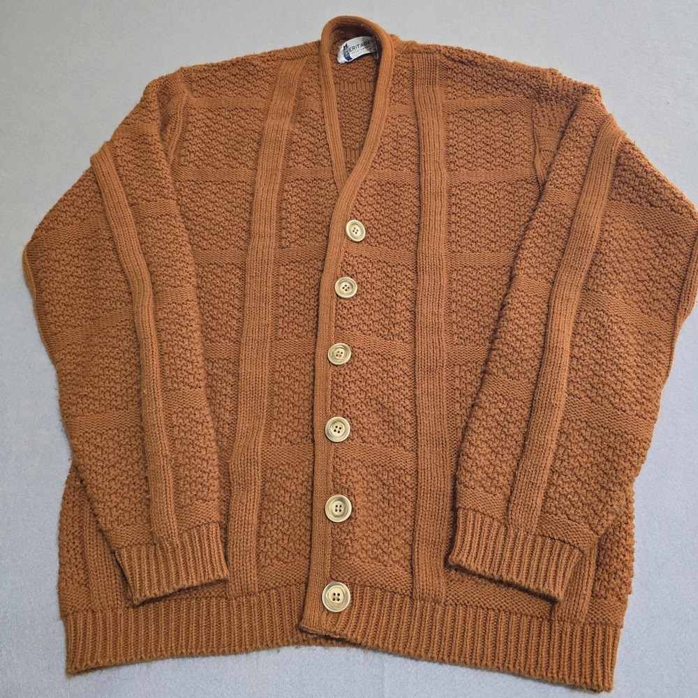 Heritage Sportswear Mens XL Orange Cardigan Sweater Vintage Orlon Acrylic Knit - Picture 2 of 9